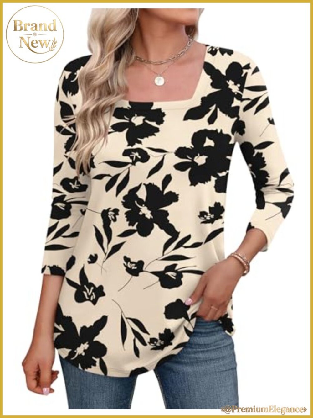 Women's 3/4 Sleeve Square Neck Tunic Top Floral Loose Casual Blouse Stretch